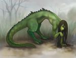  alligator ambiguous_gender crocodilian fog grass green_scales hair long_hair nude reptile scales scalie semi-anthro solo stringmouse swamp tree 