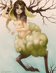  branch breasts brown_hair female fileece flora_fauna goat_ears green_eyes hair horn humanoid leaves nature_spirit nipples nude plant satyr solo stringmouse 