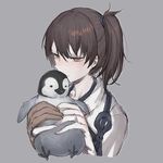  bird black_hair brown_eyes chuzenji emperor_penguin gloves grey_background japanese_clothes jewelry kaga_(kantai_collection) kantai_collection looking_at_viewer muneate partly_fingerless_gloves penguin ring short_hair side_ponytail simple_background single_glove tasuki upper_body wedding_band yugake 