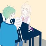  1boy 1girl ahoge akamatsu_kaede amami_rantarou blonde_hair blue_shirt danganronpa duo ear_piercing earrings eyebrows eyes_closed green_hair hair_ornament hairclip long_hair miniskirt music_sheet musical_note musical_note_hair_ornament necktie new_danganronpa_v3 piano piercing school_uniform shirt short_hair sitting skirt smile sweater sweater_vest tie uniform white_shirt 