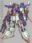  3d aeug beam_cannon character_name colored_lineart double_beam_cannon exposed_internal_machinery full_body g-db grey_background gundam gundam_zz highres holding holding_weapon machinery mecha mecha_focus mobile_suit no_humans original redesign robot science_fiction shield v-fin weapon zz_gundam 