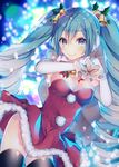  aqua_eyes aqua_hair bell black_legwear breasts christmas commentary_request drill_hair earmuffs elbow_gloves gloves hair_bell hair_ornament hatsune_miku holly_hair_ornament long_hair looking_at_viewer medium_breasts sack santa_costume shiomizu_(swat) smile solo thighhighs twin_drills twintails very_long_hair vocaloid white_gloves 