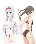  2girls adjusting_clothes adjusting_swimsuit black_eyes black_swimsuit collarbone competition_swimsuit covered_navel cowboy_shot green_eyes grey_hair hair_ribbon hairband highres kantai_collection long_hair looking_at_viewer multiple_girls nn_tasu one-piece_swimsuit red_hairband ribbon shoukaku_(kantai_collection) simple_background swimsuit twintails white_background white_hair white_ribbon white_swimsuit zuikaku_(kantai_collection) 