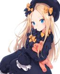  abigail_williams_(fate/grand_order) bad_id bad_twitter_id bangs black_bow black_dress blonde_hair blue_eyes blush bow commentary_request dress fate/grand_order fate_(series) forehead hair_bow hat highres holding holding_stuffed_animal long_hair long_sleeves looking_at_viewer minikon object_hug orange_bow parted_bangs polka_dot polka_dot_bow simple_background sleeves_past_fingers sleeves_past_wrists solo stuffed_animal stuffed_toy teddy_bear very_long_hair white_background 