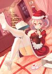  alternate_costume bed bunny cake christmas_stocking christmas_tree error food food_print fur_trim hat holding holding_spoon juliet_sleeves kantai_collection long_sleeves nueco panties pink_eyes pink_hair pom_pom_(clothes) print_panties puffy_sleeves santa_costume santa_hat sazanami_(kantai_collection) short_hair solo spoon spoon_in_mouth strawberry_panties strawberry_print thighhighs twintails underwear white_legwear white_panties window 