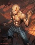  abs bald blood blood_on_face clenched_hand copyright_name full_body grin hand_up highres looking_at_viewer male_focus manly muscle nipples one-punch_man orange_eyes outdoors pajamas pants saitama_(one-punch_man) satoshi1923 shirtless smile solo striped striped_pants veins 