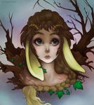  braided_hair branch brown_hair female fileece flora_fauna goat_ears green_eyes hair horn humanoid leaves nature_spirit plant satyr solo stringmouse 