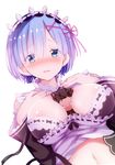  1girl between_breasts blue_eyes blue_hair blush breasts brown_hair cleavage detached_sleeves eyebrows_visible_through_hair givuchoko hair_ornament hair_ribbon looking_at_viewer maid maid_headdress medium_breasts miniboy natsuki_subaru navel nose_blush pink_ribbon re:zero_kara_hajimeru_isekai_seikatsu rem_(re:zero) ribbon short_hair upper_body x_hair_ornament 