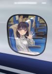  1girl black_hair brown_eyes chikuwa_(odennabe) long_sleeves looking_at_viewer original shinkansen sitting smile solo_focus sweater waving white_sweater 