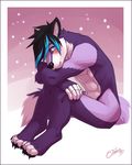  2017 4_toes 5_fingers abs anthro athletic black_hair black_nose blue_eyes blue_hair blush canine digitigrade eyebrows feralise fox fur girly gloves_(marking) hair male mammal markings multicolored_fur multicolored_hair nude pink_background pose purple_fur shy side_view simple_background sitting smile solo toes two_tone_fur two_tone_hair white_fur 