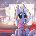  2017 blue_hair blush building cute equine eyelashes female friendship_is_magic hair horn inside leaves makeup mammal mascara mirroredsea multicolored_hair my_little_pony purple_eyes scarf sitting snow snowing solo table tree trixie_(mlp) two_tone_hair unicorn window winter 