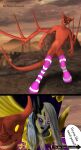 3d_background anthro armor clothing demon duo footwear gold_(metal) gold_armor grey_body grey_hair grey_skin hair heroes_of_might_and_magic_5 hi_res hooves horn humanoid male male/male neon-serpent orange_eyes pit_fiend pit_fiend_(might_and_magic) purple_armor purple_eyes socks speech_bubble surprised_expression warhammer_(franchise) warhammer_40000 wings