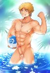  1boy blonde_hair final_fantasy final_fantasy_x nude outdoors penis smile solo tidus water 