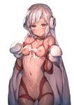  altera_(fate) altera_the_santa ass_visible_through_thighs bangs bare_shoulders blush breasts breasts_outside closed_eyes commentary dark_skin detached_sleeves earmuffs eyebrows_visible_through_hair fate/grand_order fate_(series) full_body_tattoo gloves halterneck legs_apart looking_at_viewer navel nipples open_mouth pussy red_eyes redcomet revealing_clothes short_hair simple_background small_breasts solo standing tattoo veil white_background white_gloves white_hair 
