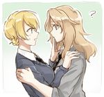  ? blonde_hair blush border braid darjeeling eye_contact finger_to_another's_mouth french_braid girls_und_panzer green_background hand_on_another's_shoulder kay_(girls_und_panzer) long_hair looking_at_another multiple_girls necktie saunders_school_uniform sketch st._gloriana's_school_uniform sweatdrop wavy_mouth white_border yuuyu_(777) 