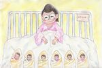  baby bed colored_pencil_(medium) highres hospital hospital_band hospital_bed matsuno_matsuyo mother_and_son o-rin000 osomatsu-san sextuplet_(osomatsu-kun) sextuplets traditional_media watercolor_(medium) 