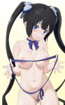  1girl absurdres areola_slip black_hair blue_eyes blue_ribbon breasts collarbone commentary_request convenient_censoring cowboy_shot dungeon_ni_deai_wo_motomeru_no_wa_machigatteiru_darou_ka grin hestia_(danmachi) highres holding holding_ribbon large_breasts long_hair looking_at_viewer navel nude pomerachi rei_no_himo ribbon simple_background smile solo stomach teeth thighs twintails yellow_background 