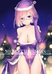  ass_visible_through_thighs bangs bare_shoulders blurry blush bokeh breasts cleavage closed_mouth commentary covered_nipples cowboy_shot depth_of_field elbow_gloves eyebrows_visible_through_hair fate/grand_order fate_(series) glasses gloves gogatsu_fukuin hair_over_one_eye hat highres large_breasts lavender_hair leotard lips looking_at_viewer mash_kyrielight merry_christmas outdoors pink_hair purple_eyes purple_leotard santa_hat semi-rimless_eyewear short_hair smile solo under-rim_eyewear 