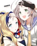  :d absurdres black_gloves blonde_hair blue_hair commandant_teste_(kantai_collection) forehead gloves green_eyes hand_on_another's_shoulder hand_on_forehead highres kantai_collection kinugasa_(kantai_collection) morinaga_miki multicolored_hair multiple_girls necktie open_mouth red_hair scarf smile white_background yellow_neckwear 