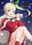  1girl :d alternate_costume carrying_over_shoulder chateau_de_chinon_(oshiro_project) christmas midoriyama_soma open_mouth oshiro_project oshiro_project_re santa_costume smile snow snowing solo 