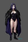  1girl black_lips breasts cleavage dc_comics diepod grey_skin high_heel_boots hood legs purple_hair raven_(dc) teen_titans 