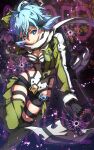  1girl abstract_background absurdres anti-materiel_rifle black_gloves black_jacket black_pants black_scarf black_shorts blue_eyes blue_hair bolt_action breasts breasts_apart bullet_hole closed_mouth commentary_request copyright_name cowboy_shot eyelashes fingerless_gloves gloves green_jacket green_pants gun hair_ornament hairclip highleg highleg_leotard highres holding holding_behind_back holding_gun holding_weapon jacket leotard long_sleeves looking_at_viewer medium_breasts medium_hair micro_shorts multicolored_jacket oboro_neko official_style open_clothes open_jacket pants pgm_hecate_ii rifle scarf shorts sinon skindentation smirk sniper_rifle solo standing standing_on_one_leg sword_art_online thigh_gap thighs two-tone_pants two-tone_scarf weapon white_jacket white_leotard white_scarf 