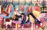  aqua_eyes aqua_hair aqua_neckwear bai_qi-qsr bell black_cat black_footwear black_skirt boots cat character_name collared_shirt commentary_request copyright_name couch detached_sleeves earphones eyebrows_visible_through_hair full_body hatsune_miku indoors instrument long_hair looking_at_viewer lying necktie on_back piano pillow pleated_skirt shirt skirt sleeveless smile solo thigh_boots thighhighs twintails very_long_hair vocaloid white_cat 