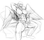  abs anthro avian beak black_and_white clothed clothing eyes_closed gryphon hair hand_behind_head hladilnik male masturbation monochrome muscular muscular_male nipples open_mouth pants penile_masturbation penis sitting topless wings 