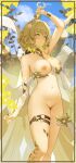 1girl absurdres after_fingering aglaea_(honkai:_star_rail) arm_up artist_name blonde_hair blue_sky breast_tattoo breasts closed_mouth commentary completely_nude cowboy_shot day flower garmentmaker_(honkai:_star_rail) green_eyes hair_flower hair_ornament head_wreath highres holding holding_sword holding_weapon honkai:_star_rail honkai_(series) large_breasts lilpalette looking_at_viewer nail_polish nipples nude outdoors pussy pussy_juice pussy_juice_trail rose short_hair sky solo sword tattoo twitter_cutting_game twitter_strip_game uncensored weapon white_flower yellow_nails 