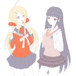  2girls ahoge akamatsu_kaede backpack bag black_hair blonde_hair danganronpa duo eyebrows hair_ornament hairclip harukawa_maki long_hair miniskirt mole multiple_girls musical_note musical_note_hair_ornament necktie new_danganronpa_v3 purple_eyes red_eyes school_uniform serafuku simple_background skirt sweater sweater_vest tie tied_hair twintails uniform white_background white_shirt 