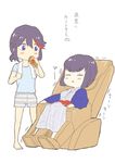  bath_yukata blue_eyes blush bob_cut closed_eyes drinking eyebrows_visible_through_hair hanten_(clothes) japanese_clothes kill_la_kill kimono kiryuuin_satsuki looking_at_another massage_chair matoi_ryuuko multicolored_hair multiple_girls purple_hair shirt short_hair shorts t-shirt thick_eyebrows towel towel_around_neck translated triangle_mouth uri_(uryu002) yukata 