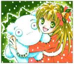  1girl bell blush bow christmas comiket creature dress green_background green_bow green_eyes hair_bell hair_ornament holding holding_creature holly hug long_hair mukai_natsumi open_mouth original pink_eyes red_dress santa_costume santa_dress solo traditional_media 