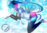  1girl aqua_eyes aqua_hair barefoot belt bridal_gauntlets cosmo_(bousoup) detached_sleeves elbow_gloves fingerless_gloves gloves hatsune_miku hatsune_miku_(append) long_hair navel necktie open_mouth smile solo thighhighs toeless_legwear twintails very_long_hair vocaloid vocaloid_append 