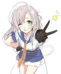  black_gloves brown_hair commentary_request gloves green_eyes hand_on_hip kantai_collection kinugasa_(kantai_collection) leaning_forward long_hair morinaga_miki one_eye_closed orange_neckwear sketch smile solo star v white_background 