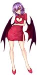  alternate_breast_size bat_wings breasts china_dress chinese_clothes cleavage cleavage_cutout dress fangs fangs_out full_body head_tilt heart_cutout highres large_breasts light_blush looking_at_viewer older pointy_ears purple_hair red_eyes remilia_scarlet short_dress short_hair solo touhou white_background wings zeramu 