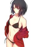  1girl absurdres bikini black_bikini black_eyes black_hair breasts commentary_request cowboy_shot highres iro_(sekaixiro) jacket jumpsuit kara_no_kyoukai navel open_clothes open_jacket red_jumpsuit ryougi_shiki short_hair side-tie_bikini_bottom simple_background small_breasts solo stomach swimsuit thighs white_background 
