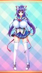  1girl aqua_eyes blush breasts btk female frills full_body hair_ornament honoo_no_haramase_oppai_nyuu_doukyuusei huge_breasts izunae_meiri long_hair looking_at_viewer purple_hair ribbons school_uniform solo squeez white_legwear 