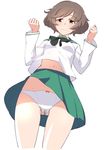  akiyama_yukari brown_eyes brown_hair cameltoe commentary_request girls_und_panzer green_skirt highres messy_hair ooarai_school_uniform panties pantyshot short_hair skirt solo stained_panties touge_hiro underwear white_panties 