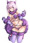  absurdres animal_ears bangs blush breasts closed_mouth commentary_request dangerous_beast elbow_gloves eyes_visible_through_hair fate/grand_order fate_(series) full_body fur_collar fur_trim gloves hair_over_one_eye hands_up highres kneeling looking_at_viewer mash_kyrielight medium_breasts navel o-ring o-ring_top purple_eyes purple_gloves purple_hair purple_legwear revealing_clothes short_hair simple_background solo tai_(nazutai) tail thighhighs thighs tsurime white_background wolf_ears wolf_tail 