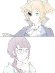  2girls blonde_hair daiba_nana glasses gloves green_eyes half_mask hand_on_own_chest highres hoshimi_junna jewelry long_hair mask multiple_girls nanangel_banana necklace necktie official_alternate_costume phantom_of_the_opera purple_hair short_hair shoujo_kageki_revue_starlight tiara white_background white_gloves white_necktie 