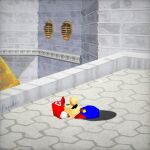  1boy big_nose blue_eyes blue_overalls brick_wall bridge brown_hair castle chromatic_aberration commentary_request day facial_hair hat highres looking_up lying male_focus mario mario_(series) mustache noclip on_back outdoors overalls parody red_hat red_shirt shirt short_hair solo speedrunning_(topic) style_parody super_mario_64 through_ground ya_mari_6363 