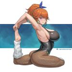  1girl absurdres armpits arms_up ass barefoot black_leotard bow_hairband breasts brown_pantyhose closed_mouth earrings fishnet_pantyhose fishnets flexible full_body hairband highres holding_own_foot hololive hololive_english hoop_earrings jewelry large_breasts leotard multicolored_hair official_alternate_color official_alternate_costume official_alternate_hairstyle orange_hair pantyhose pigeon_pose purple_eyes ribbed_socks seventeencrows side_ponytail smile socks solo streaked_hair stretching takanashi_kiara takanashi_kiara_(fever_night) thighs virtual_youtuber 