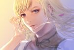  1girl adjusting_hair blonde_hair blue_eyes earrings floating_hair gigi_andalusia gradient_background grey_background gundam gundam_hathaway&#039;s_flash high_collar highres jewelry long_hair looking_at_viewer parted_lips portrait simple_background smile solo takeda_yuuko triangle_earrings yellow_background 