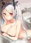  arched_back ass azur_lane bangs bathing black_bow blurry bottomless bow breasts cleavage closed_mouth collarbone commentary_request day depth_of_field eyebrows_visible_through_hair hair_between_eyes hair_bow half-closed_eyes hand_on_own_cheek highlights indoors large_breasts long_hair looking_at_viewer luse_maonang multicolored_hair prinz_eugen_(azur_lane) red_eyes red_hair shade silver_hair solo steam twintails very_long_hair 