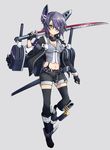  adapted_costume black_jacket black_legwear black_shorts breasts cannon cleavage embellished_costume eyepatch full_body grey_background headgear highres jacket kantai_collection machinery medium_breasts minosu navel purple_hair sheath short_hair shorts simple_background solo sword tenryuu_(kantai_collection) thighhighs weapon yellow_eyes 