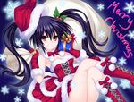  armpits bare_shoulders black_hair blush boots breasts christmas cleavage commentary detached_collar dress fur_trim gift gloves hat highres holding holding_gift long_hair looking_at_viewer medium_breasts nekologia neptune_(series) noire red_dress red_eyes red_footwear red_gloves santa_hat smile snowflakes solo strapless tubetop twintails 