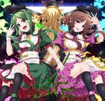  apron aura bib black_hat black_legwear blonde_hair brown_hair door dress green_dress green_eyes green_footwear green_hair hand_up hat heart heart-shaped_pupils high_heels holding kneehighs long_hair looking_at_viewer matara_okina multiple_girls myouga_(plant) nishida_satono open_mouth pink_dress pink_eyes pink_footwear rihito_(usazukin) shoes short_hair_with_long_locks sitting smile star star-shaped_pupils symbol-shaped_pupils tassel tate_eboshi teireida_mai touhou waist_apron wrist_cuffs 