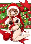  bangs barefoot bell black_bra black_panties blush bow bra braid breasts brown_eyes brown_hair capelet christmas christmas_ornaments christmas_tree closed_mouth commentary_request eyebrows_visible_through_hair eyes_visible_through_hair fur-trimmed_capelet fur-trimmed_gloves fur-trimmed_legwear fur_trim gloves highres jingle_bell long_hair medium_breasts navel nyoro_(nyoronyoro000) original panties red_bow red_capelet red_gloves red_legwear red_neckwear santa_costume single_thighhigh sitting snowflakes solo thighhighs underwear wariza white_bow 