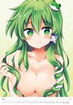 areolae bangs blush breast_hold breasts calendar_(medium) closed_mouth collarbone commentary_request eyebrows_visible_through_hair frog_hair_ornament gradient gradient_background gradient_hair green_background green_eyes green_hair hair_between_eyes hair_censor hair_ornament hair_over_breasts hair_tubes hair_twirling kochiya_sanae large_breasts long_hair looking_at_viewer maturiuta_sorato multicolored_hair nipples nude smile snake_hair_ornament solo touhou upper_body white_background yellow_background 