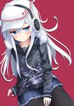  absurdres anchor_symbol black_legwear blue_eyes blue_hair blue_skirt blush camouflage_jacket closed_mouth collarbone commentary_request earmuffs flat_cap fur-trimmed_jacket fur_trim hammer_and_sickle hat hibiki_(kantai_collection) highres jacket kantai_collection long_hair long_sleeves odeclea pantyhose pleated_skirt red_background simple_background sitting skirt sleeves_past_wrists solo star verniy_(kantai_collection) very_long_hair white_hat 